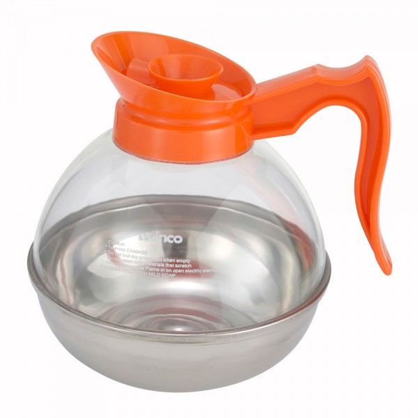 Winco CD-64O 64 oz Polycarbonate Decaf Coffee Decanter with Stainless Steel Bottom and Orange Handle Winco CD-64O 64 oz Polycarbonate Decaf Coffee Decanter with Stainless Steel Bottom and Orange Handle