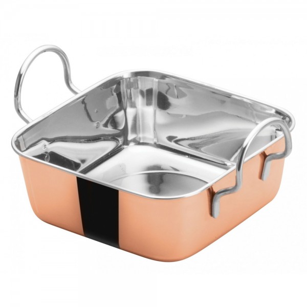 Winco DDSB-201C Copper Plated Steel 4-1/2 x 4-1/2 Mini Roasting Pan Serving Dish with 2 Handles Winco DDSB-201C Copper Plated Steel 4-1/2 x 4-1/2 Mini Roasting Pan Serving Dish with 2 Handles