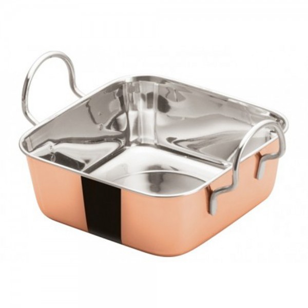 Winco DDSB-202C Copper Plated Steel 5-3/16 x 5-3/16 Mini Roasting Pan Serving Dish with 2 Handles Winco DDSB-202C Copper Plated Steel 5-3/16 x 5-3/16 Mini Roasting Pan Serving Dish with 2 Handles