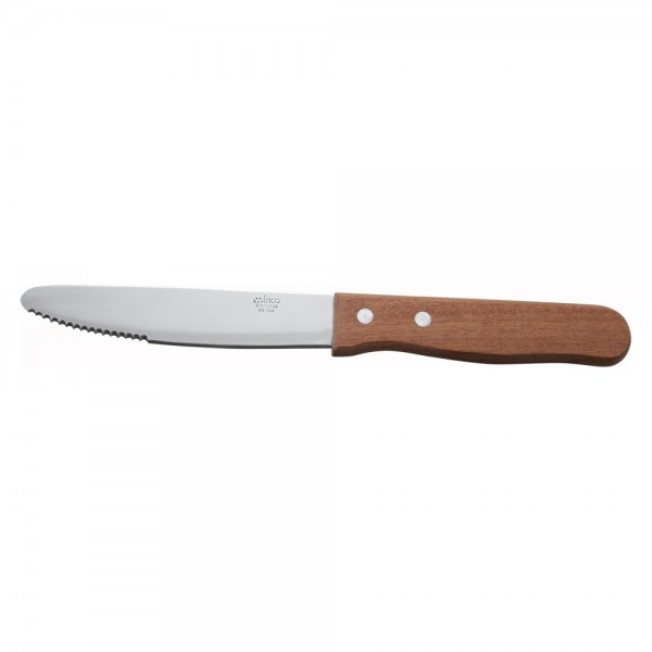 Winco KB-15W 5 Jumbo Stainless Steel Steak Knife with Wood Handle and Round Tip - 12/Pack