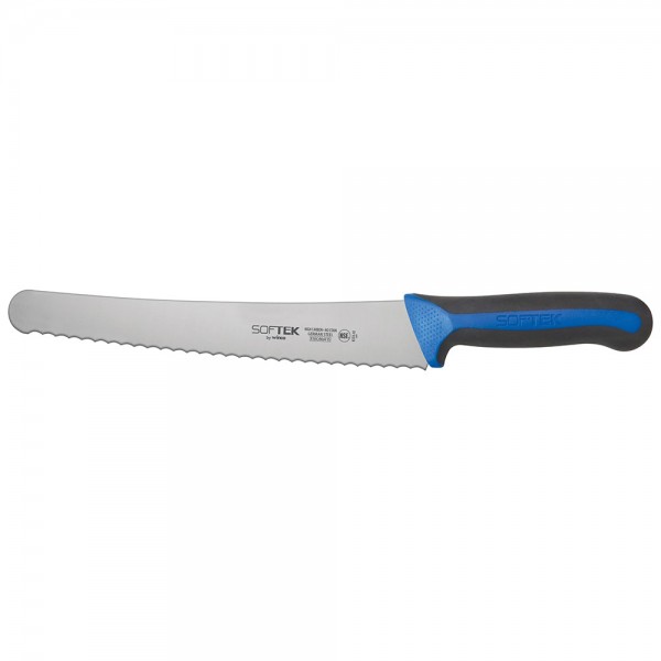Winco KSTK-102 Sof-Tek 10 High Carbon Steel Wide Bread / Pastry Knife with Blue Handle Winco KSTK-102 Sof-Tek 10 High Carbon Steel Wide Bread / Pastry Knife with Blue Handle
