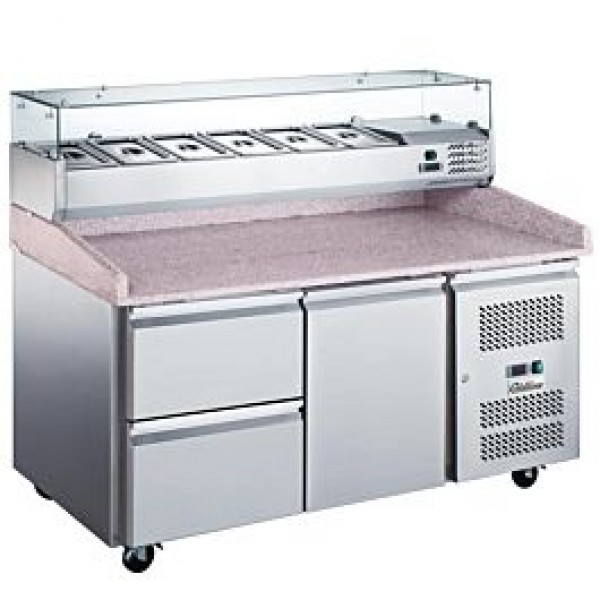 Coldline PDR-60-2D-SG 60 Refrigerated Pizza Prep with Marble Top, Two Drawers and Refrigerated Glass Topping Rail