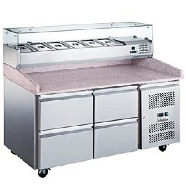 Coldline PDR-60-4D-SG 60 Refrigerated Pizza Prep with Marble Top, Four Drawers and Refrigerated Glass Topping Rail