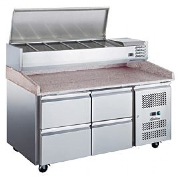 Coldline PDR-60-4D-SS 60 Refrigerated Pizza Prep with Marble Top, Four Drawers and Refrigerated Stainless Topping Rail