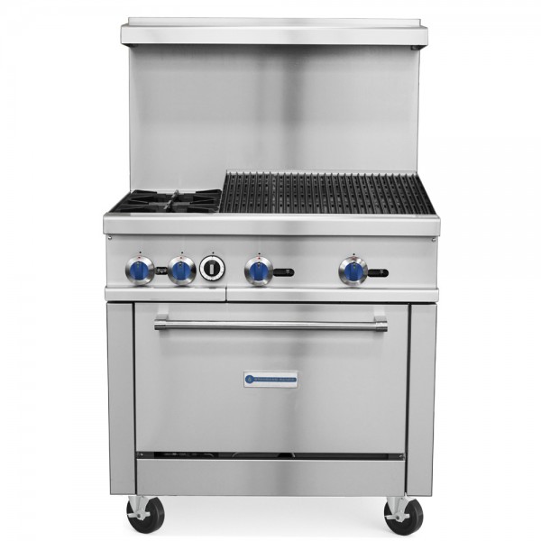 Standard Range SR-R36-24CB-NG 36 Natural Gas Commercial Range with Char-Broiler Top, 2 Burners, 1 Oven - 163,000 BTU Standard Range SR-R36-24CB-NG 36 Natural Gas Commercial Range with Char-Broiler Top, 2 Burners, 1 Oven - 163,000 BTU