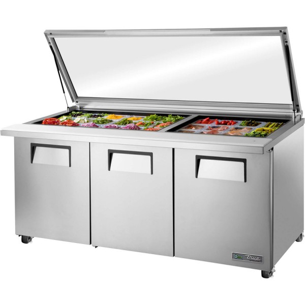 True TSSU-72-30M-B-ST-FGLID-HC, 72 3 Door Mega Top Sandwich / Salad Prep Table, (30) 1/6 Size Pans True TSSU-72-30M-B-ST-FGLID-HC, 72 3 Door Mega Top Sandwich / Salad Prep Table, (30) 1/6 Size Pans