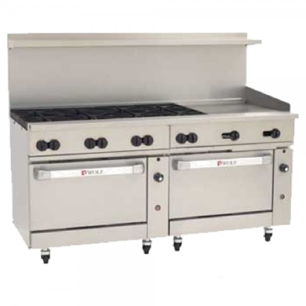 Wolf C72SC-8B24G_NAT Natural Gas 72 Challenger XL Series Manual Range with 8 Burners, 24 Right Side Griddle, 1 Standard Oven, and 1 Convection Oven - 350,000 BTU