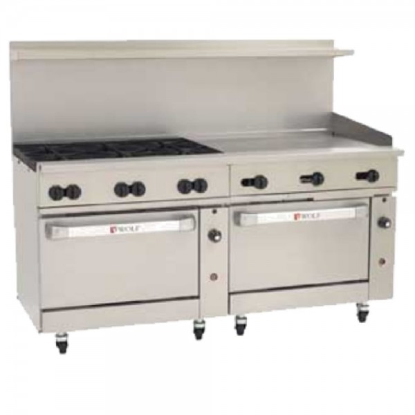 Wolf C72SC-6B36GT_LP Liquid Propane 72 Challenger XL Series Thermostatic Range with 6 Burners, 36 Right Side Griddle, 1 Standard Oven, and 1 Convection Oven - 310,000 BTU