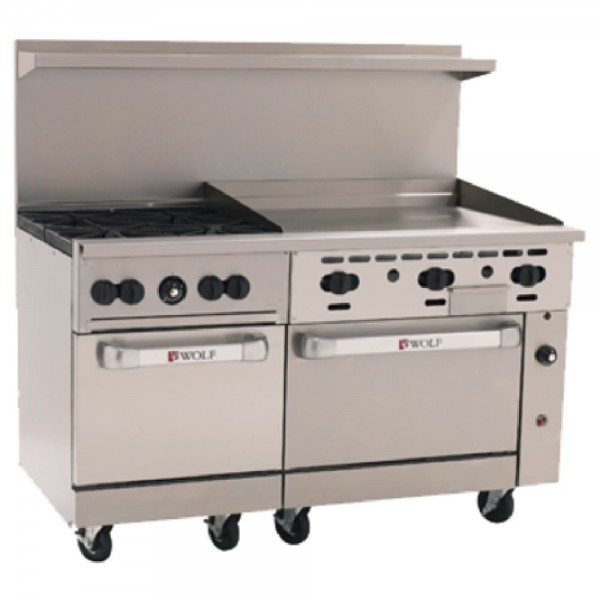 Wolf C60SS-4B36GT_LP Liquid Propane 60 Challenger XL Series Thermostatic Range with 4 Burners, 36 Right Side Griddle, and 2 Standard Ovens - 238,000 BTU