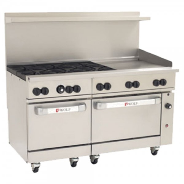 Wolf C60SC-6B24GT_NAT Natural Gas 60 Challenger XL Series Thermostatic Range with 6 Burners, 24 Right Side Griddle, 1 Standard Oven, and 1 Convection Oven - 278,000 BTU