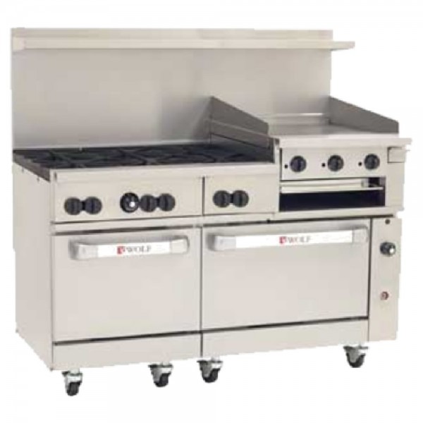 Wolf C60SC-6B24GB_NAT Natural Gas 60 Challenger XL Series Range with 6 Burners, 24 Right Side Griddle/Broiler, 1 Standard Oven, and 1 Convection Oven - 268,000 BTU
