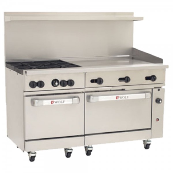 Wolf C60SC-4B36GT_NAT Natural Gas 60 Challenger XL Series Thermostatic Range with 4 Burners, 36 Right Side Griddle, 1 Standard Oven, and 1 Convection Oven - 238,000 BTU